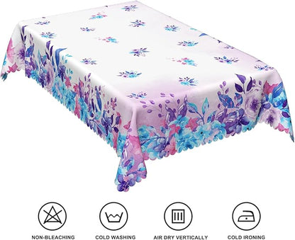 54x86inches Floral Rectangle Tablecloth Watercolor Purple Blue Flowers Printed - Image 6