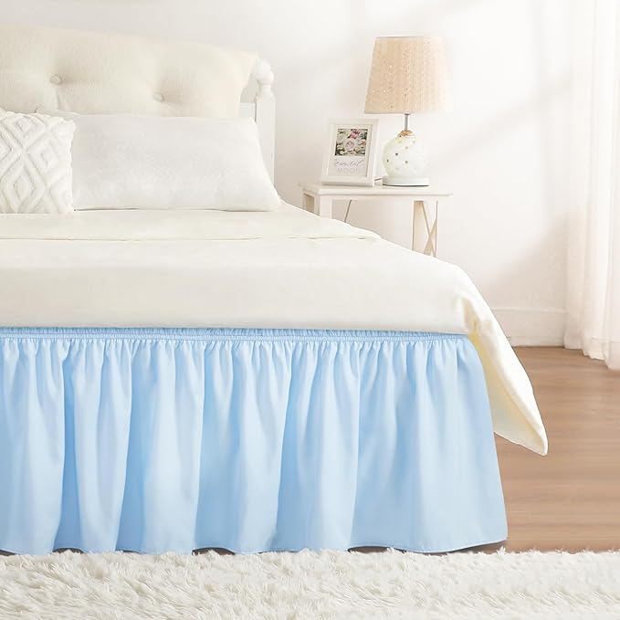 RIMELA Light Blue Bed Skirt Queen Size 15 Inch Drop, Elastic Bed Skirting by RIMELABedSkirt