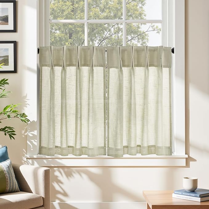 jinchan Linen Pinch Pleated Kitchen Curtains 30 Inch 2 Panels, Natural Linen - Image 3