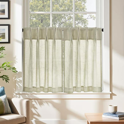 jinchan Linen Pinch Pleated Kitchen Curtains 30 Inch 2 Panels, Natural Linen - Image 3
