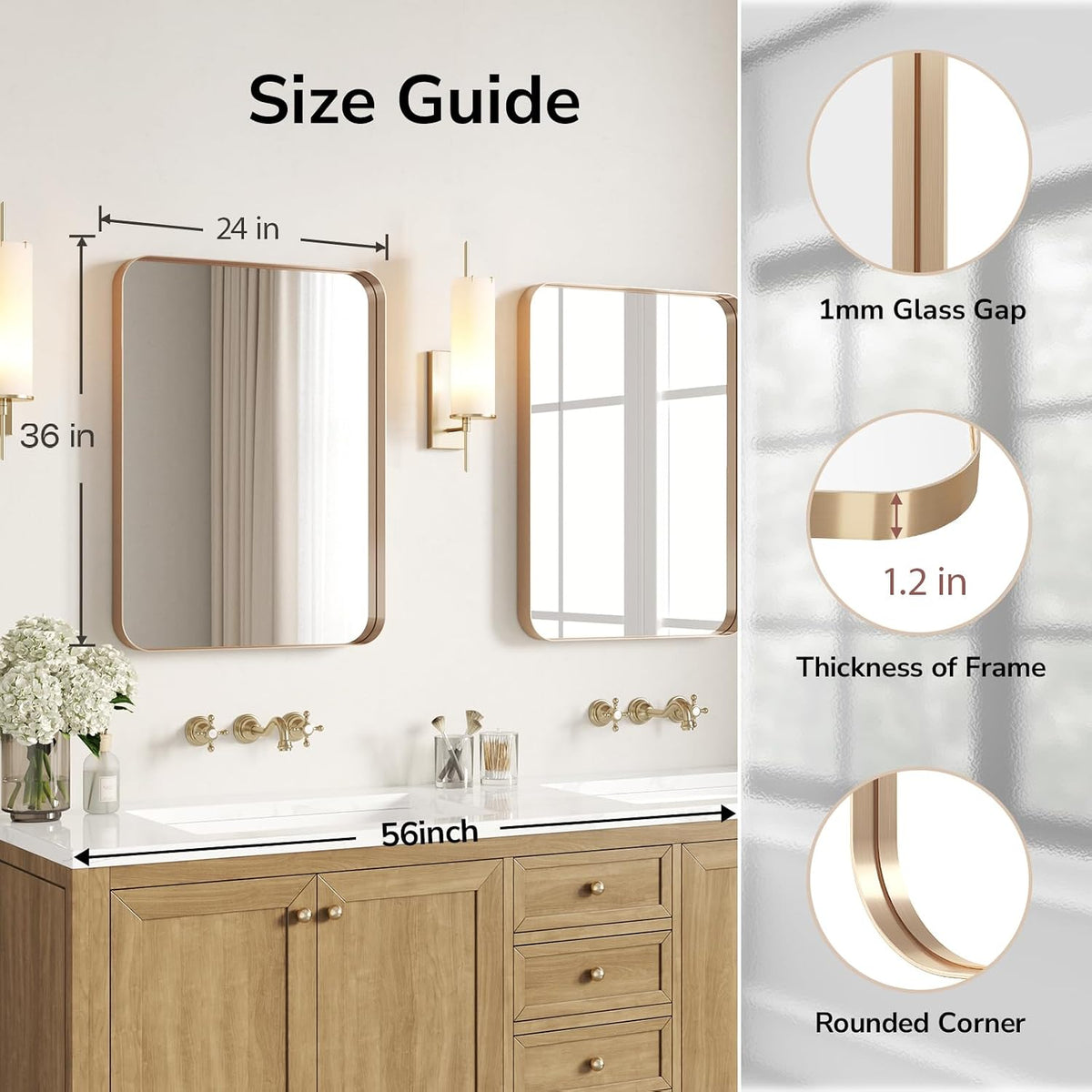 ushower gold bathroom mirrors for over sink 24"x36" shown in use