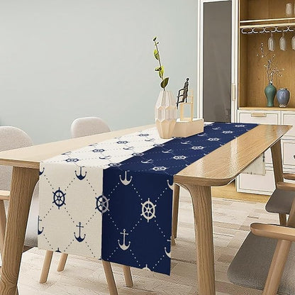 Nautical Compass Anchor Table Runner Vintage Navy Blue Coastal Sail Summer - Image 2
