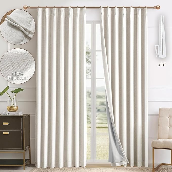 Pinch Pleated 100% Blackout Linen Curtains 95 Inches Long by IVAPUPU