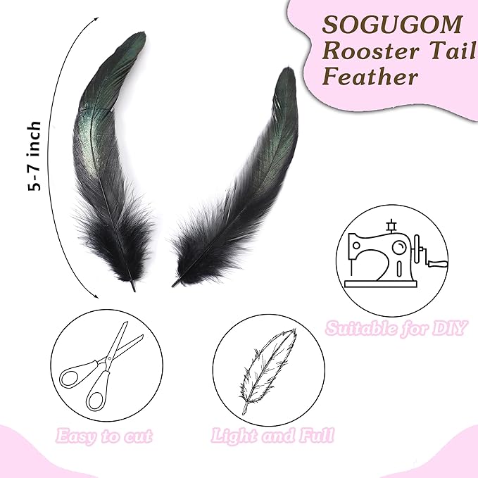 SOGUGOM Black Rooster Tail Feathers - 200 pcs 5-7 inch Craft Feathers Bulk for Craft Projects, Halloween, Hats and Cocktail Table Centerpieces(Black)