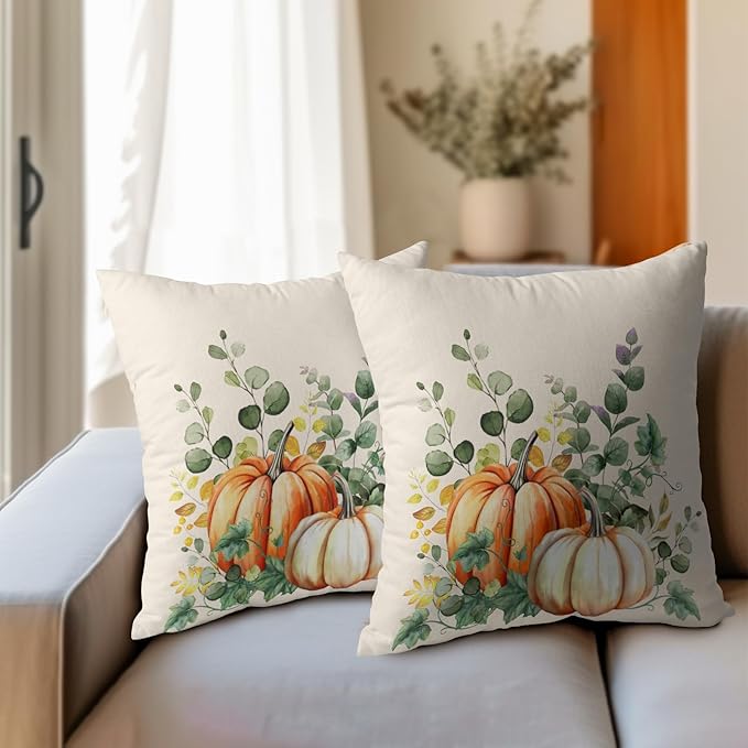 Fall Throw Pillow Cover 20x20 Inch Pack of 2 Autumn Watercolor Pumpkin Sage - Image 6