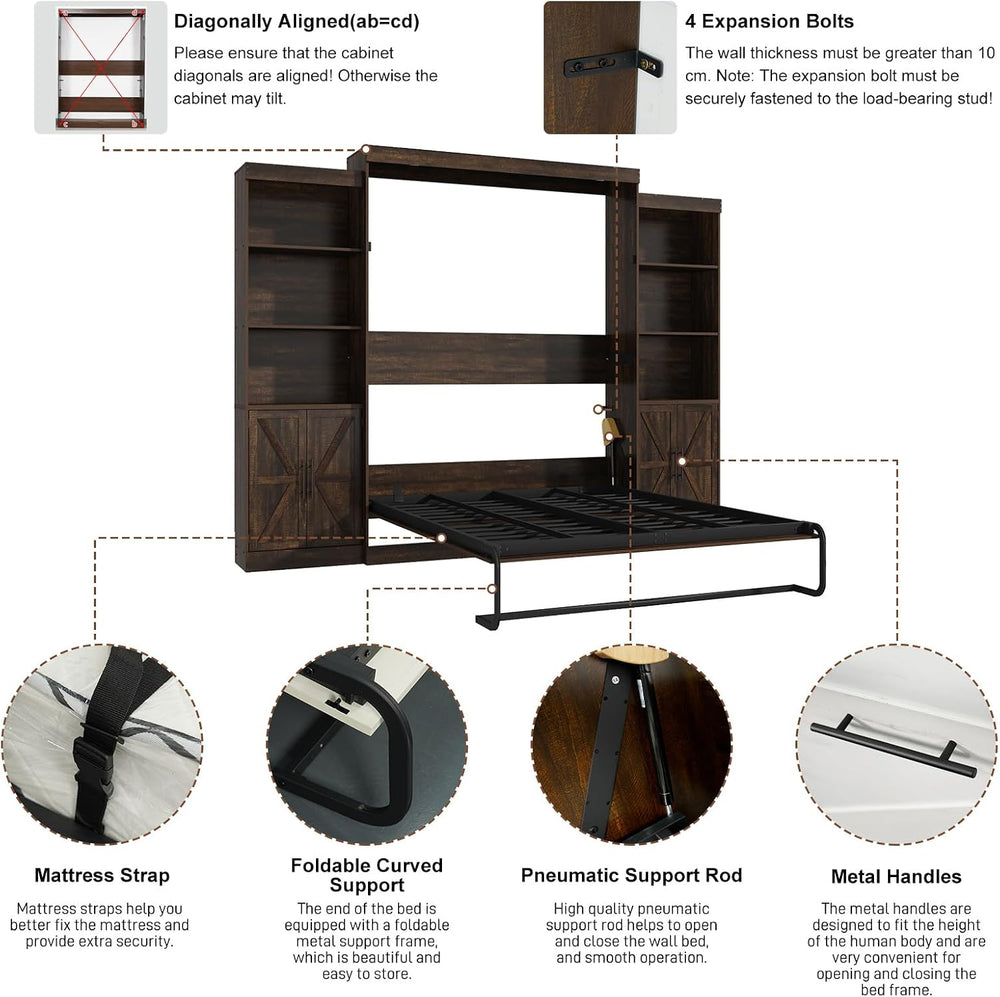 Hlivelood Queen Size Murphy Bed w/2 Storage Cabinet&2 LED Light, Farmhous...