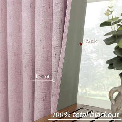 KOUFALL Short Pink Linen Blackout Curtains - Image 4