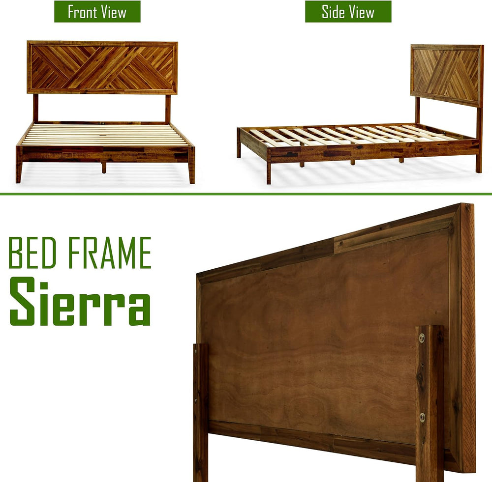Acacia Sierra Queen Solid Wood Bed Frame, Adjustable Headboard, Walnut