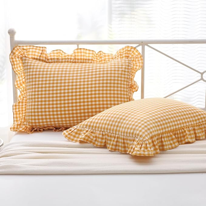 Yellow/White Plaid Ruffle Pillow Shams King Size Set of 2, Checkered Washed by Mywinlle