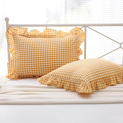 Yellow/White Plaid Ruffle Pillow Shams King Size Set of 2, Checkered Washed by Mywinlle