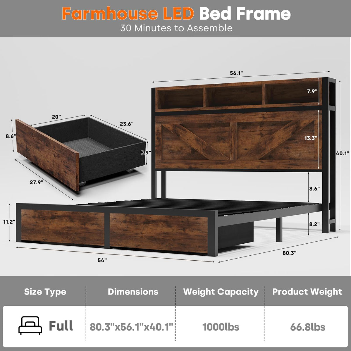 incyneva farmhouse full bed frame with bookcase storage shown in use