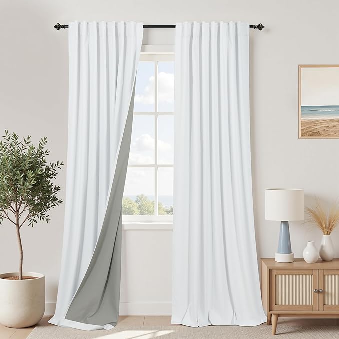 KOUFALL 86 Inch Length White Back Tab Linen Blackout Curtains by KOUFALL