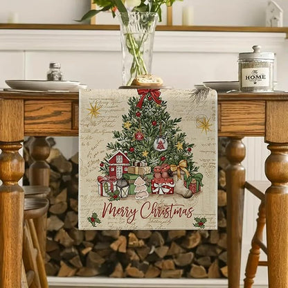 Vintage Christmas Trees Table Runner 13x72 Inch Merry Box Poinsettia Winter - Image 2