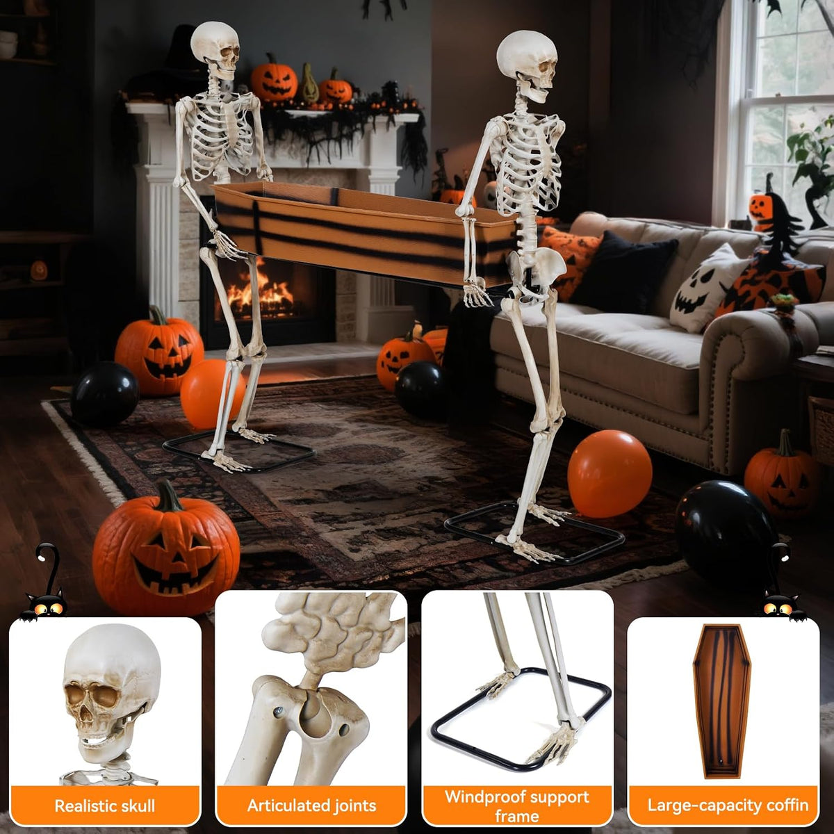 Quntis Halloween Skeleton Outdoor Decorations - 5ft Posable Skeletons Carrying Coffin - Life Size Undead Pallbearers Drink Cooler - Spooky Graveyard Haunted Houses Halloween Party Display Prop