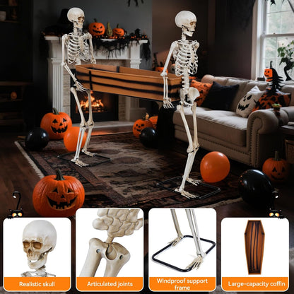 Quntis Halloween Skeleton Outdoor Decorations - 5ft Posable Skeletons Carrying Coffin - Life Size Undead Pallbearers Drink Cooler - Spooky Graveyard Haunted Houses Halloween Party Display Prop