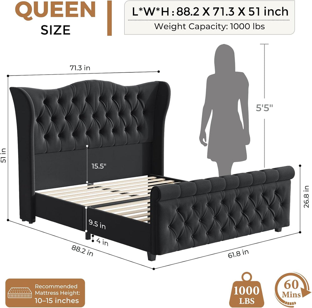 koorlian Queen Bed Frame Upholstered Wingback Headboard Sleigh Footboard