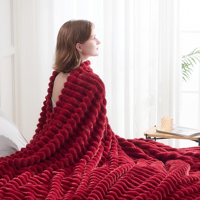 NEWCOSPLAY Super Soft Throw Blanket Red Premium Silky Flannel Fleece 3D Ribbed - Image 7
