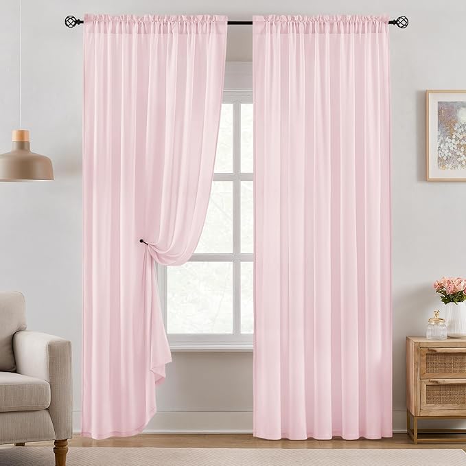 HOMEIDEAS Non-See-Through Light Pink Privacy Semi Sheer Curtains 96 Inches Long - Image 2