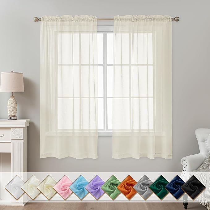 Natural Sheer Curtains 63 Inch Length, Privacy Semi Sheer Curtains by ABLUEN