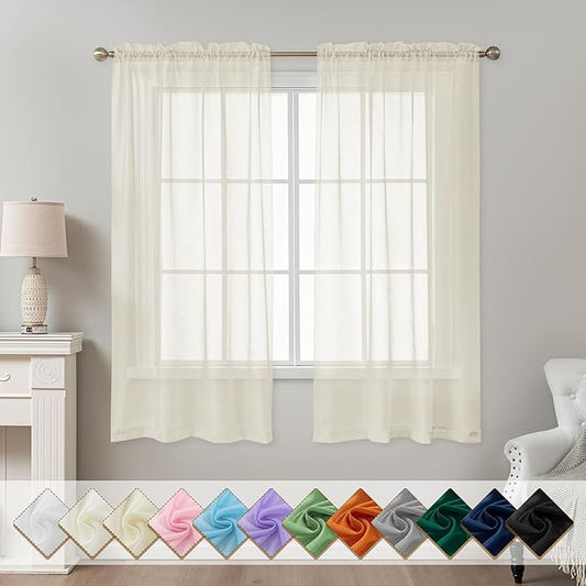 Natural Sheer Curtains 63 Inch Length, Privacy Semi Sheer Curtains by ABLUEN