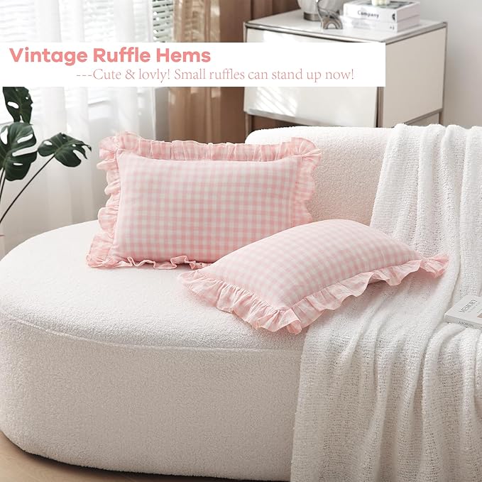 2 Pack Blush White Plaid Ruffle Gingham Lumbar Throw Pillow Covers, 100% Washed - Image 3
