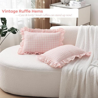 2 Pack Blush White Plaid Ruffle Gingham Lumbar Throw Pillow Covers, 100% Washed - Image 3