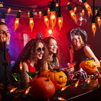 27.8Ft Orange Halloween Lights - Flickering Flame String Lights Orange Flickering String Lights with 25 +4 Pack C18 Flame Light Bulbs for Fall Halloween Decorations Indoor Outdoor Home Party Mantel