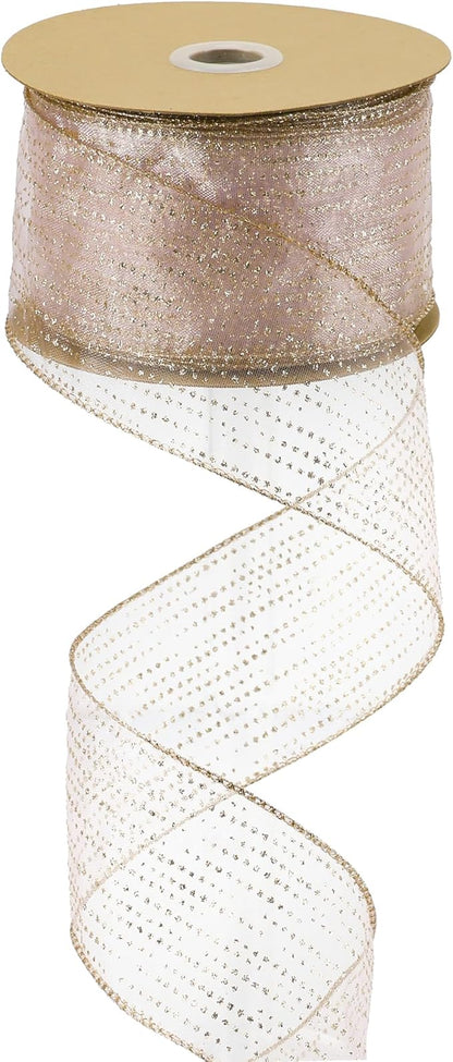 MEEDEE Rose Gold Sheer Glitter Wired Ribbon 2.5 Inch Horizontal Stripes Polka by MEEDEE