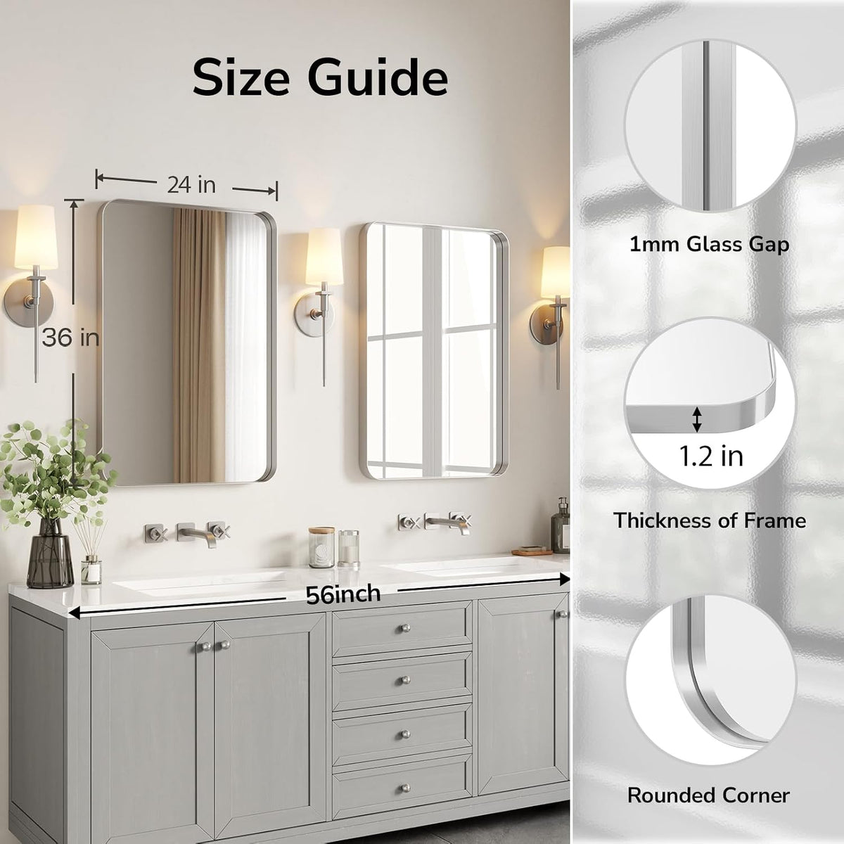 ushower brushed nickel bathroom mirrors 24"x36" 2 pack, side view
