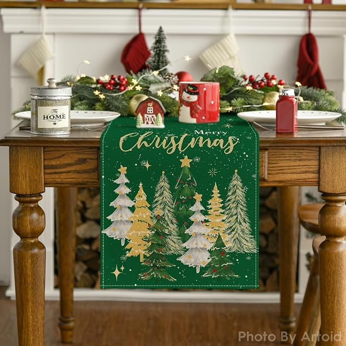 Artoid Mode Xmas Trees Merry Christmas Table Runner, Seasonal Winter Green - Image 7