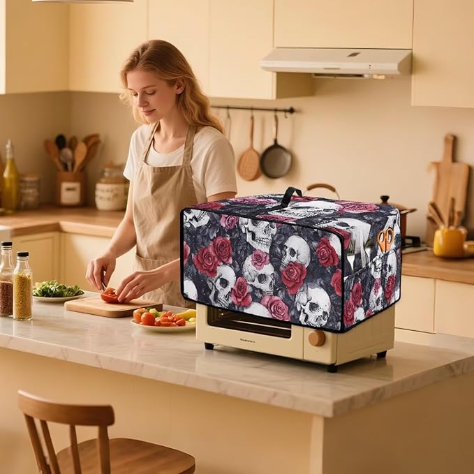 Skull Red Rose Print Microwave Oven Dust Cover Toaster Oven Cover - Image 3