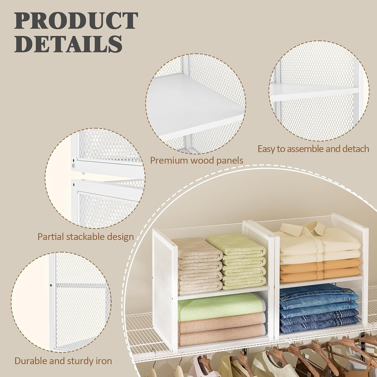 4-tier stackable closet organizers and storage basket, wire, front angle view