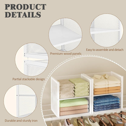 4-tier stackable closet organizers and storage basket, wire, front angle view