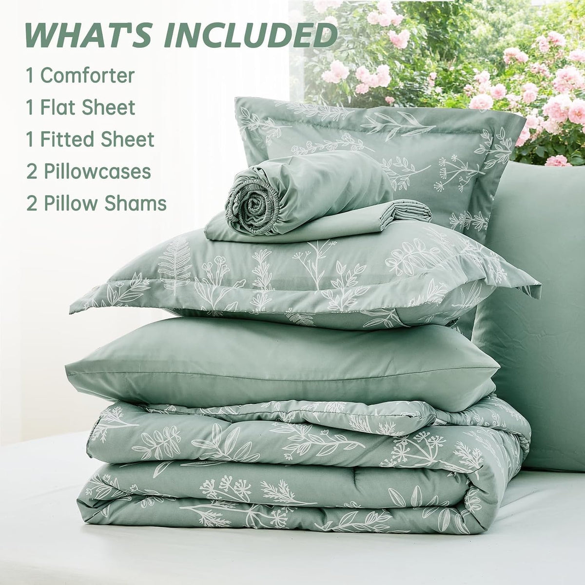 muxhomo full comforter set, 7-piece floral bed in, front angle view