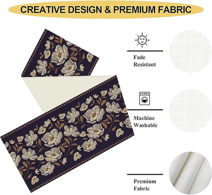 Dark Floral Table Runner, Abstract White Flower Seasonal Coffee Table Center - Image 5