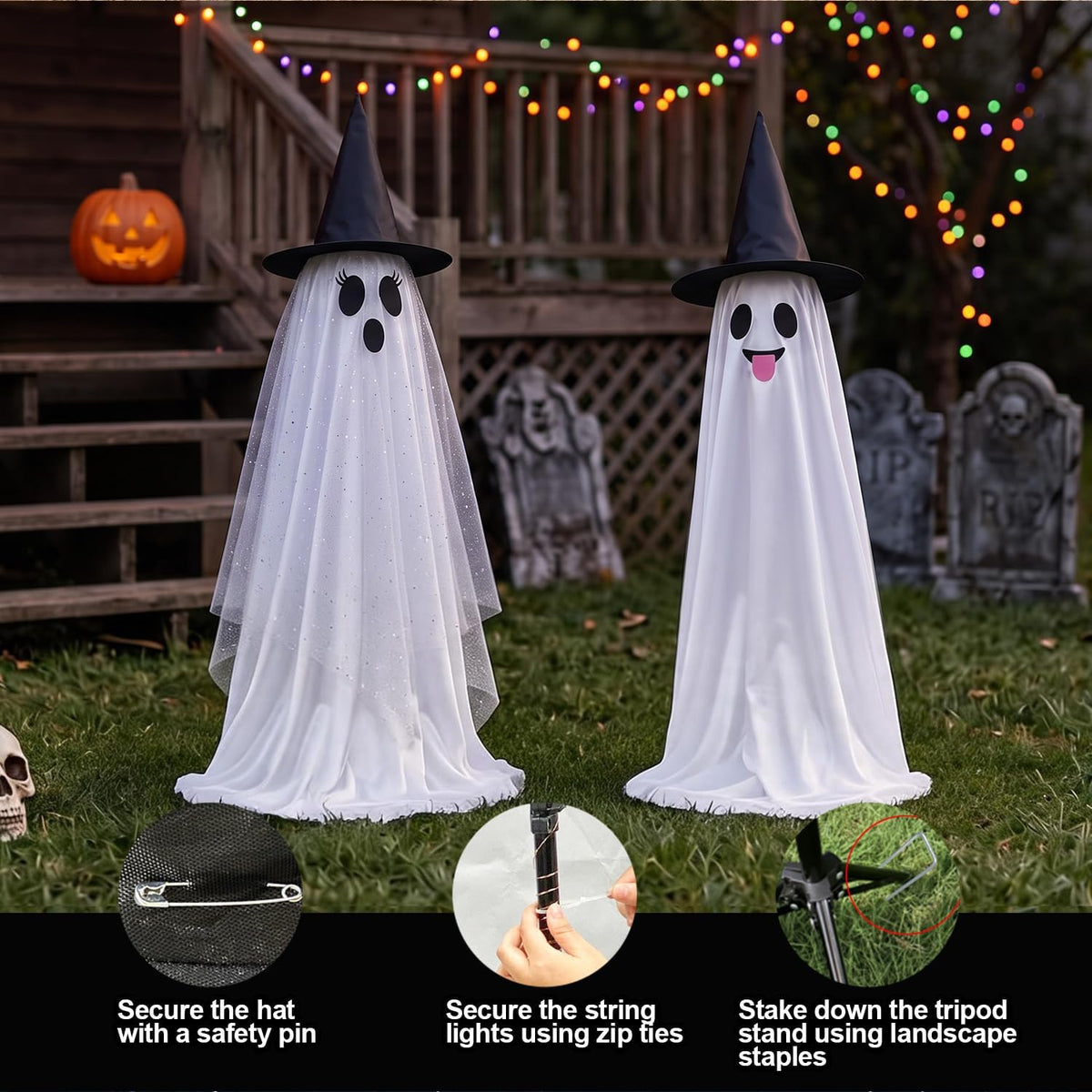 Halloween Decorations Outdoor & Indoor Decor - 2 Pack 59-inch Remote Control Spooky Ghost String Lights with Witch Hats, Halloween Lights for Porch, Yards, Patio, Garden Lawn, Party