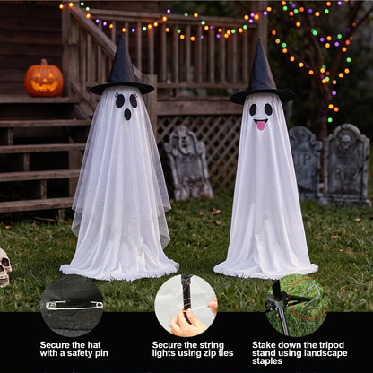 Halloween Decorations Outdoor & Indoor Decor - 2 Pack 59-inch Remote Control Spooky Ghost String Lights with Witch Hats, Halloween Lights for Porch, Yards, Patio, Garden Lawn, Party