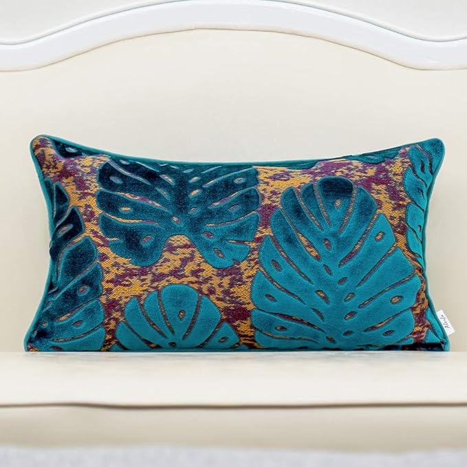 Alerfa 12 x 20 Inch Rectangle Leaf Pillow Embroidery Cut Velvet Cushion Case by Alerfa
