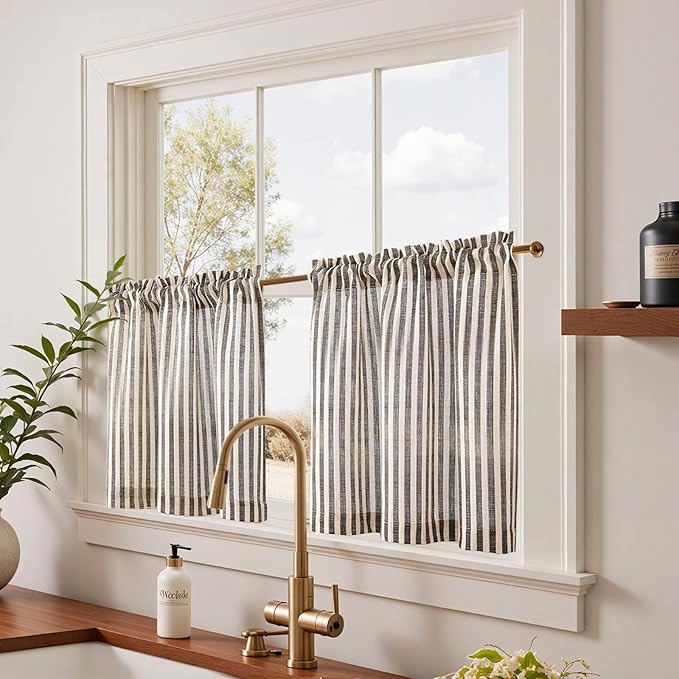 jinchan Striped Linen Kitchen Curtains 24 Inches Length Tier Curtains Farmhouse - Image 2