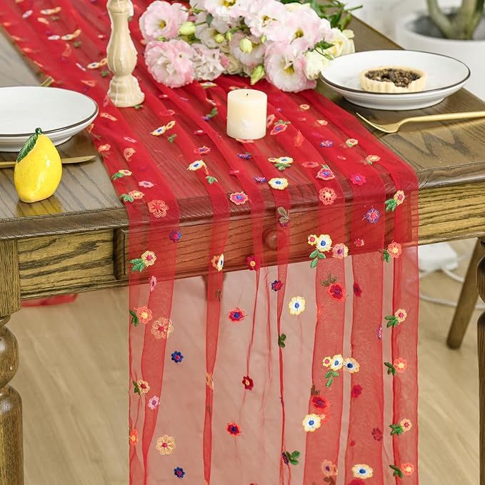 Artoid Mode Red Embroidery Daisy Gauze Table Runner 120 Inch 10FT, Seasonal by ArtoidMode
