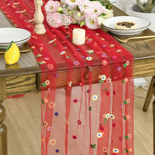 Artoid Mode Red Embroidery Daisy Gauze Table Runner 120 Inch 10FT, Seasonal by ArtoidMode
