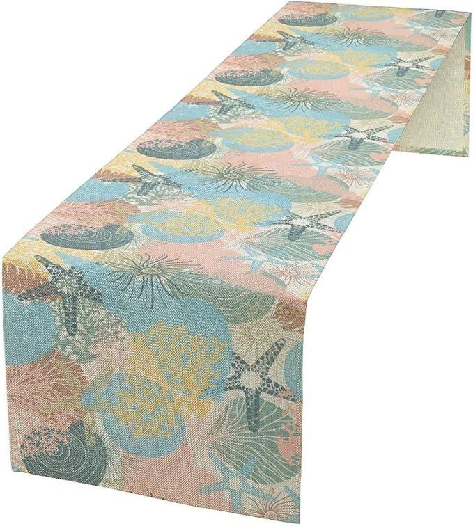 Nautical Starfish Kitchen Table Runner Colorful Coral Pink Blue Yellow Table by ShiTingYu