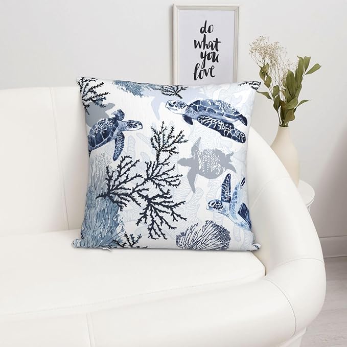 Nautical Blue Pillow Covers 18x18 Inch Coastal Beach Themed Coral Sea Turtle - Image 4
