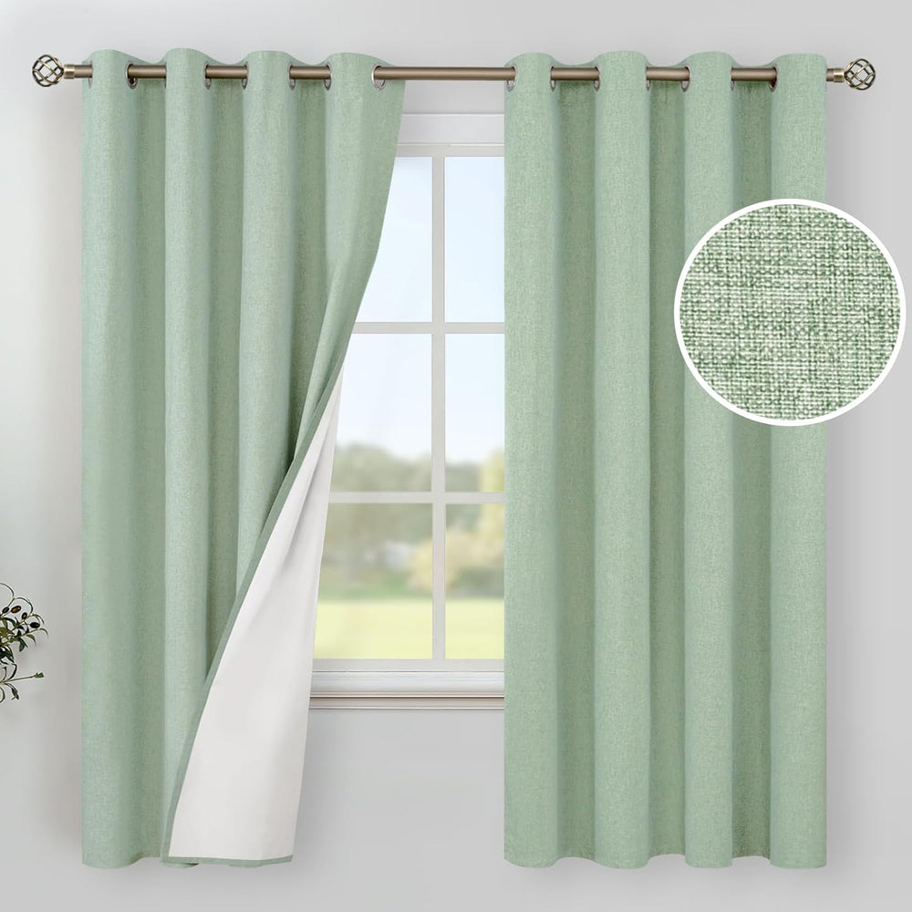 YoungsTex Light Sage Green Linen Blackout Curtains 63 Inch Long 2 Panels