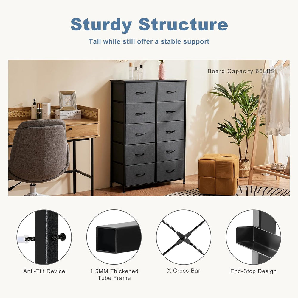 DUMOS 10 Drawer Tall Dresser for Bedroom & Living Room, Grey