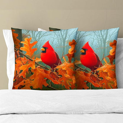 Fall Cardinal Throw Pillow Covers 20x20 Inch Set of 2 Red Bird Maple Leaves - Image 3