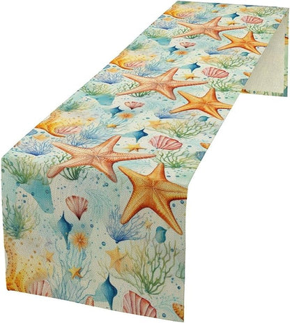 Starfish Conch Shell Table Runners, Season Coastal Marine Life Table Runners by Unknown