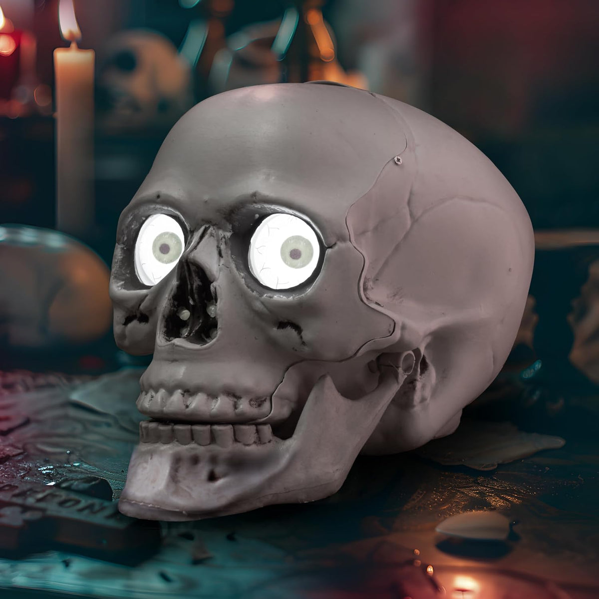 JOYIN Halloween Decorations Indoor Animatronics Skull Table Desk Home Decor, Haunted House Sound Activated LED Lights Up Eyes Party Supplies Animated Scary Moving Eyeballs