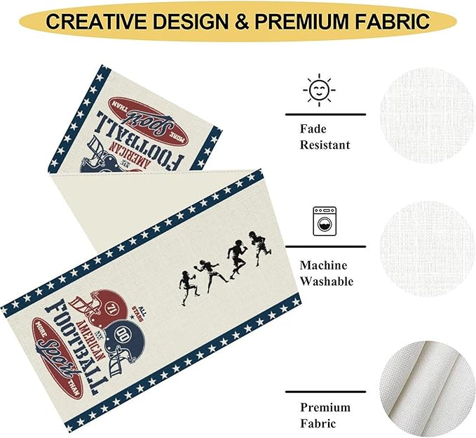 Rugby Table Runner, Retro Blue Seasonal Rugby Boy Football Game Day Touch Down - Image 5