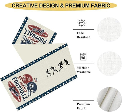 Rugby Table Runner, Retro Blue Seasonal Rugby Boy Football Game Day Touch Down - Image 5